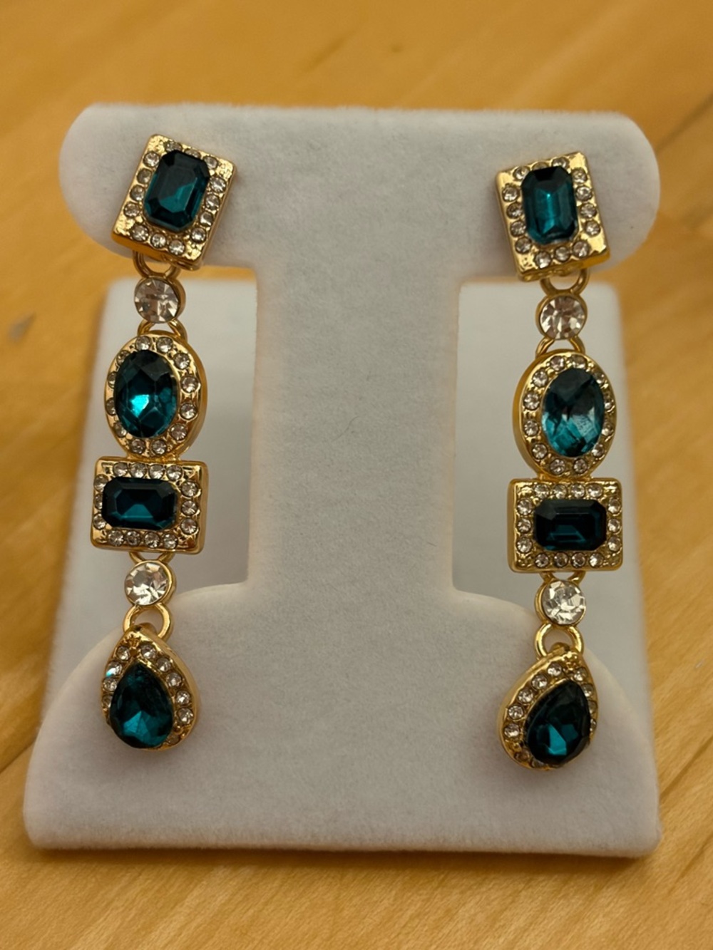 Emerald Green Statement Drop Earrings Gold Rhinestone Glam